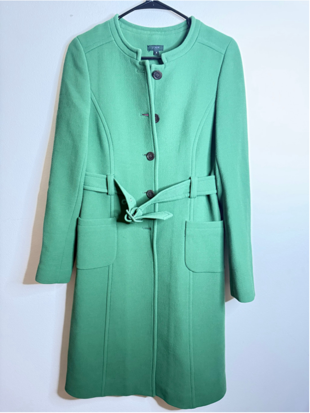 Women's J.Crew Lady Day Green Belted Coat, Size 6